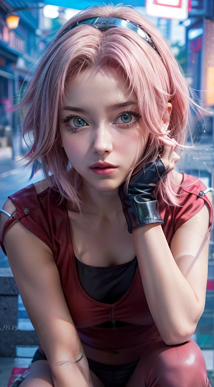 young woman, short shoulder-length pink hair, wide forehead, porcelain skin, pink eyebrows, big emerald green eyes, buttoned nose, full lips, heart-shaped face, slender body, small breasts, red tank top, Sakura Haruno , realistic, realism, details, 3d, well detailed