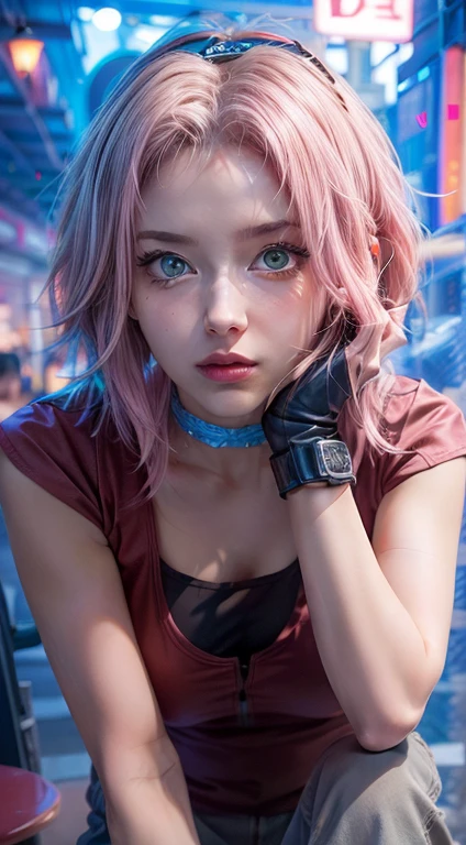 young woman, short shoulder-length pink hair, wide forehead, porcelain skin, pink eyebrows, big emerald green eyes, buttoned nose, full lips, heart-shaped face, slender body, small breasts, red tank top, Sakura Haruno , realistic, realism, details, 3d, well detailed