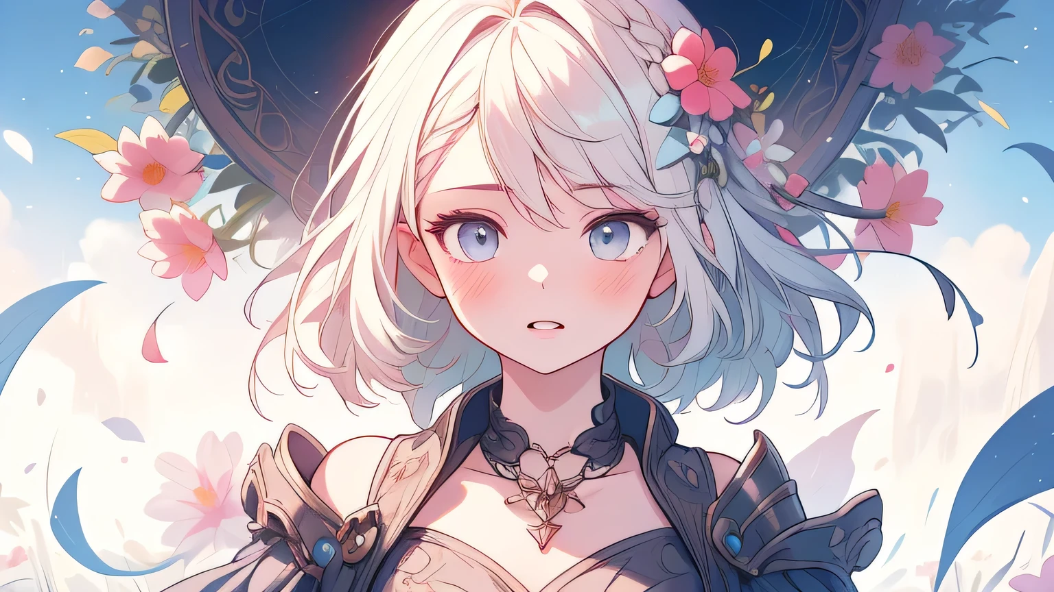 solo, a girl with pastel hair and a complementary colored dress with flowers around her neck and shoulder, with a flowers in her hair, two-tone hair, Charlie Bowater, stanley artgerm lau, a character portrait, fantasy art, (cartoon:1.3), looking away, image size 16:9