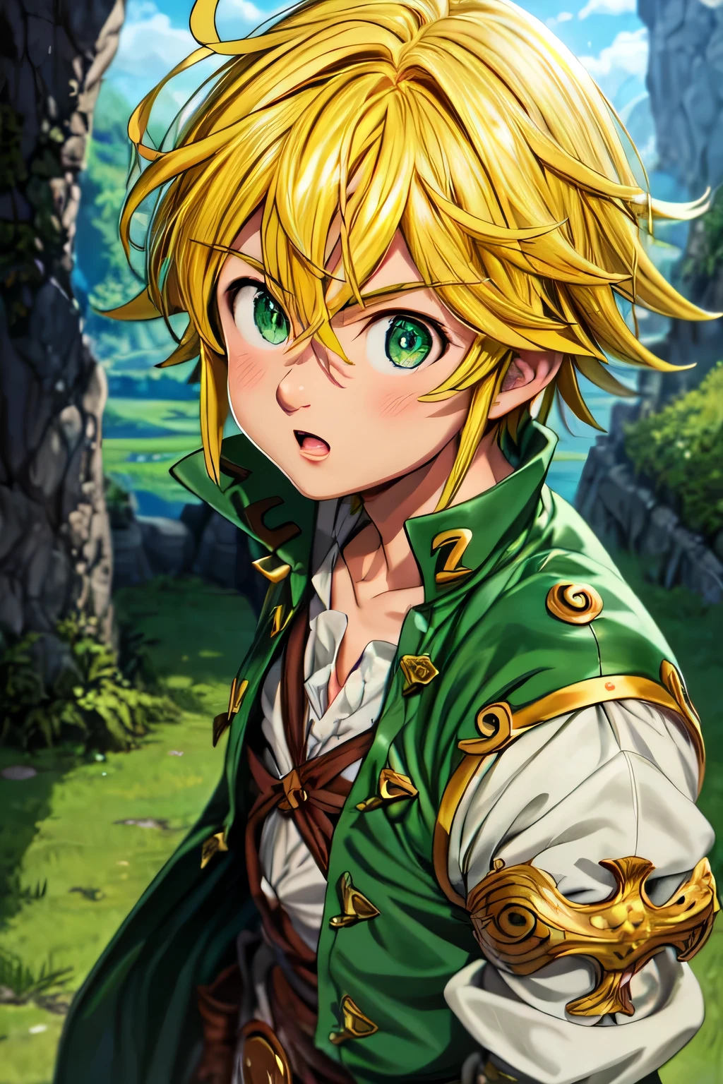 masterpiece, best quality, ultra-detailed, illustration, 1boy, solo, male focus, looking at viewer, upper body, , meliodas_nanatsu_no_taizai, blonde hair, green eyes, jacket