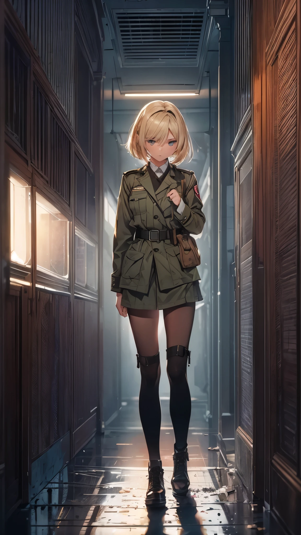 ((In low lighting,ruined hotel hallway,Inside the dimly lit hallway)),((Outside my window at night the city is burning)),One Woman,20-year-old female,She is wearing military uniform,Short blonde,She is walking down the hallway