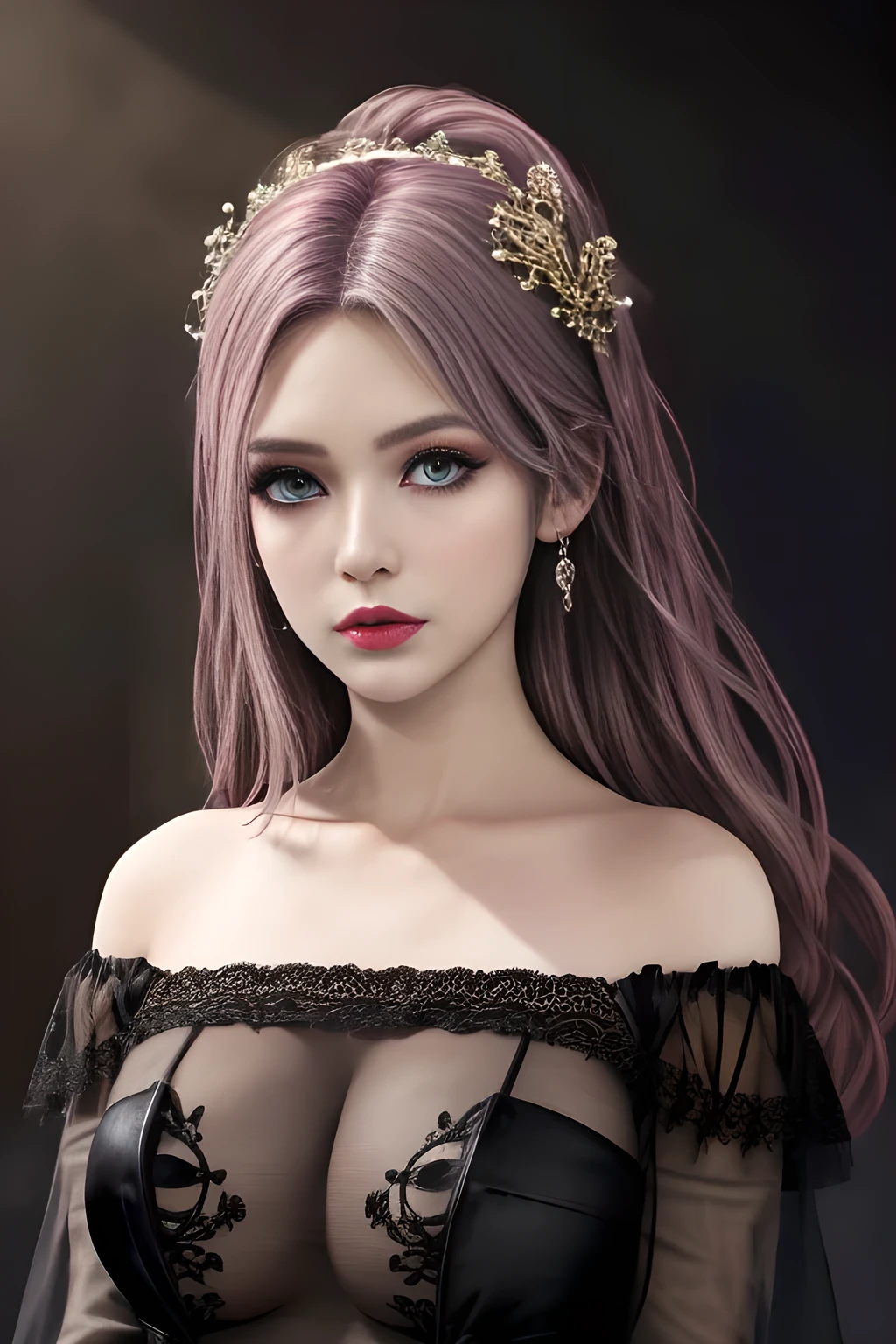 1girl, long sleeves, black dress, off shoulder, bare shoulders, long dress, (see-through), tulle dress,beautiful detailed eyes, beautiful detailed lips, extremely detailed eyes and face, long eyelashes, best quality, 4k, 8k, highres, masterpiece, ultra-detailed, realistic, photorealistic, photo-realistic, ethereal glow, regal elegance, intricate details, luxurious, otherworldly beauty, dark atmospheric background, supernatural aura,  elise,