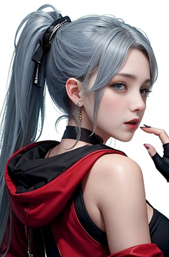 1 girl, Aqua Eye, reTurn, ((big breasTs)), Exposing shoulders, black gloves, blue eyes, ( Ichinose Asuna, Blue Archive), choker, Earrings, fingerless gloves, From behind, gloves, Gray Hair, Holding, JackeT, jewelry, Long Hair, looking aT The viewer, looking reTurn, Manicure, Off the shoulder, parTed lips, Earrings, ponyTail, red JackeT, alone, Upper Body,He did so&#39;T,[[realisTic]],(Shiny skin),(masTerpiece:1.4),(highesT qualiTy:1.4)