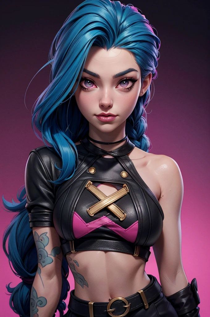 a woman with blue hair and a black shirt is standing in front of a pink background, lois van baarle and rossdraws, portrait of jinx from arcane, artgerm and lois van baarle, rossdraws 2. 0, rossdraws 1. 0, rossdraws 2. 5, artgerm and rossdraws, artgerm comic, 8K image quality, Masterpiece black background with pink brush splash, 8K image quality, Masterpiece