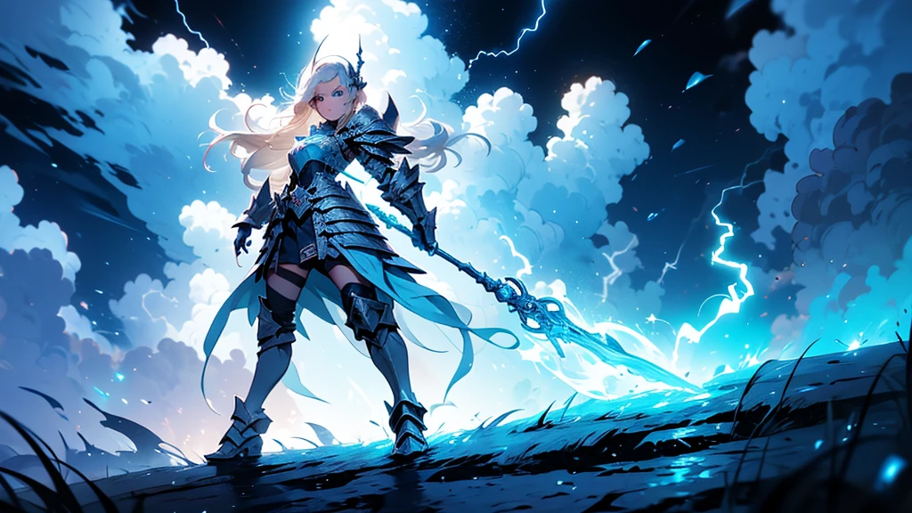((full body shot)) of a girl in electrifying, futuristic armor with sleek silver and blue accents, soaring through a stormy, electrified sky. She has short, spiky platinum blonde hair and piercing, electric blue eyes. Her skin has a faint, radiant glow, and she is adorned with intricate lightning bolt motifs. She holds a magnificent staff crackling with arcs of lightning, emitting a powerful, electric aura. The atmosphere is {charged|awe-inspiring}, with thunderclouds and bolts of lightning illuminating the scene. The ground beneath her is charged with static electricity, creating a shimmering effect and adding to the electrifying ambiance. Surrounding her are swirling storm clouds and bursts of lightning in shades of {blue|white}, casting a dynamic, electrical glow. As she flies, she effortlessly manipulates the lightning bolts with her outstretched hand, showcasing her mastery over electricity. The background features towering, swirling storm formations and glimpses of a distant, lightning-lit castle, hinting at a kingdom ruled by thunder and lightning. The scene is intense and majestic, with her face showing a confident yet serene expression, her eyes focused intently on harnessing her power.

[Best quality], [Masterpiece], [Ultra-detailed], [4k], {charged|awe-inspiring} atmosphere, stormy sky, {dynamic pose|commanding pose}, electrified illumination, {soft shadows|dramatic lighting}, {charged ground:0.7}, {swirling storm clouds:0.6}, {bursts of lightning:0.5}, {storm formations:0.4}, {lightning-lit castle:0.3}.