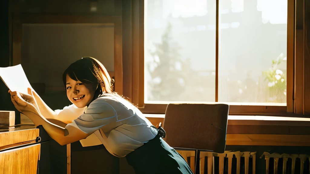 A smiling woman stretching Documents on the desk Sunlight pours in through the window in the background