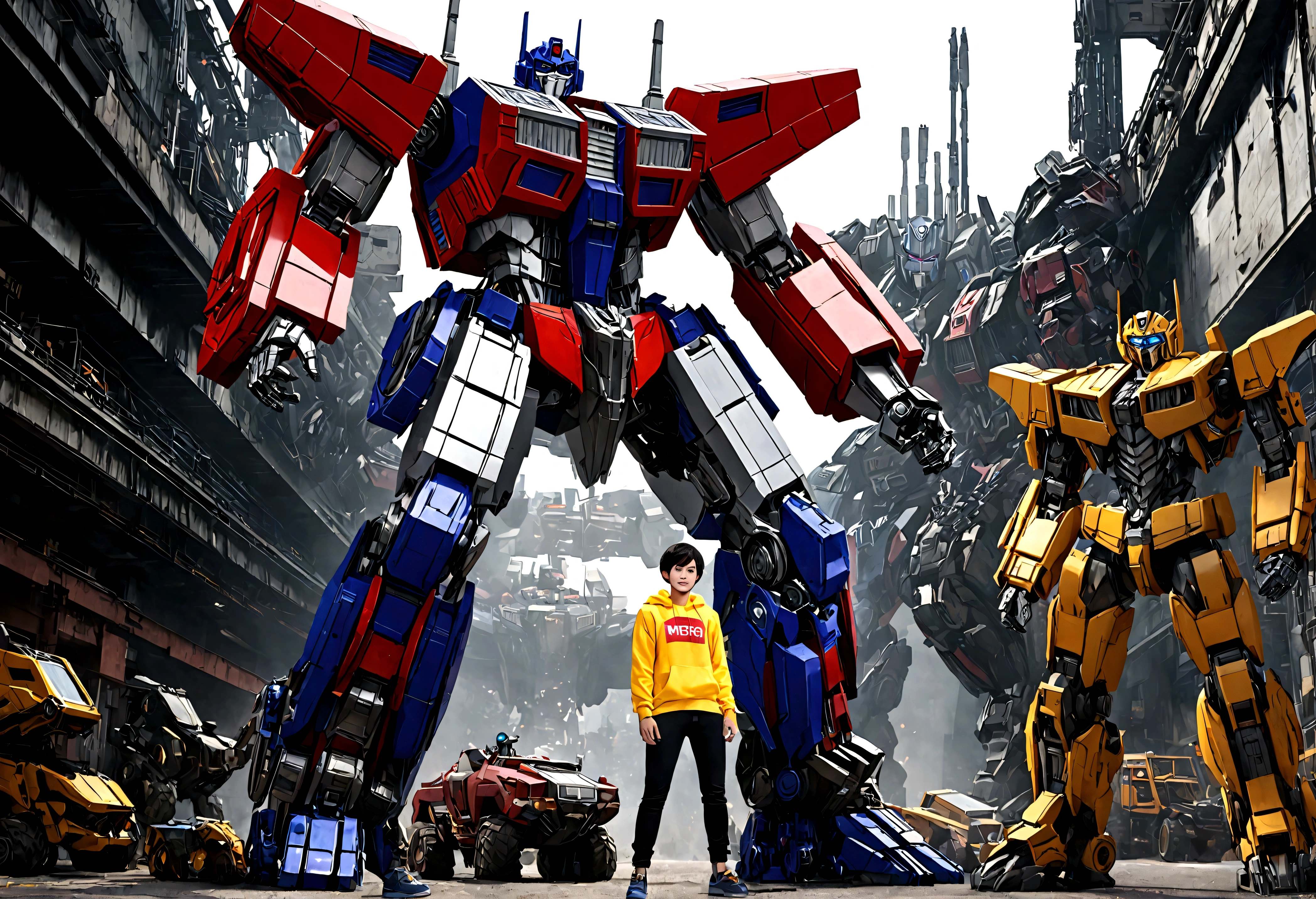 detailed photo of Optimus Prime, Ai Ohto, Ekkarit, Masiha, Bumblebee, Metroplex, Megatron, Blackout, cinematic lighting, dynamic angle, highly detailed mecha design, intricate machinery, complex futuristic environment, dramatic color palette, photorealistic, 8k, (best quality,4k,8k,highres,masterpiece:1.2),ultra-detailed,(realistic,photorealistic,photo-realistic:1.37),hyper detailed mecha characters, industrial setting, epic sci-fi scene, powerful dynamic poses, complex machinery and technology, cinematic lighting and atmosphere, gritty and realistic textures, advanced 3D rendering, stunning visual effects