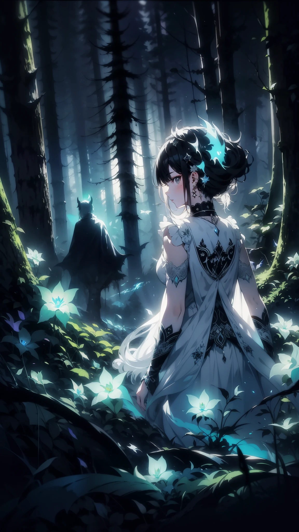 A teenage girl in a flowing white dress, ((illuminated by an ethereal light in a dense mountain forest)). Strange, ((bioluminescent flowers bloom around her as a shadowy figure watches from behind the trees)). Action movie scene, suspenseful, fantasy, bioluminescence, forest, mountains, mysterious creature, fantasy world, dark background, clean design, epic, artstation, colorful paint splatter, silhouette, hyper detailed intricate details, unreal engine, fantasy, splash screen, complementary colors, deviantart masterpiece, oil painting, heavy strokes, paint dripping, indifferent expression