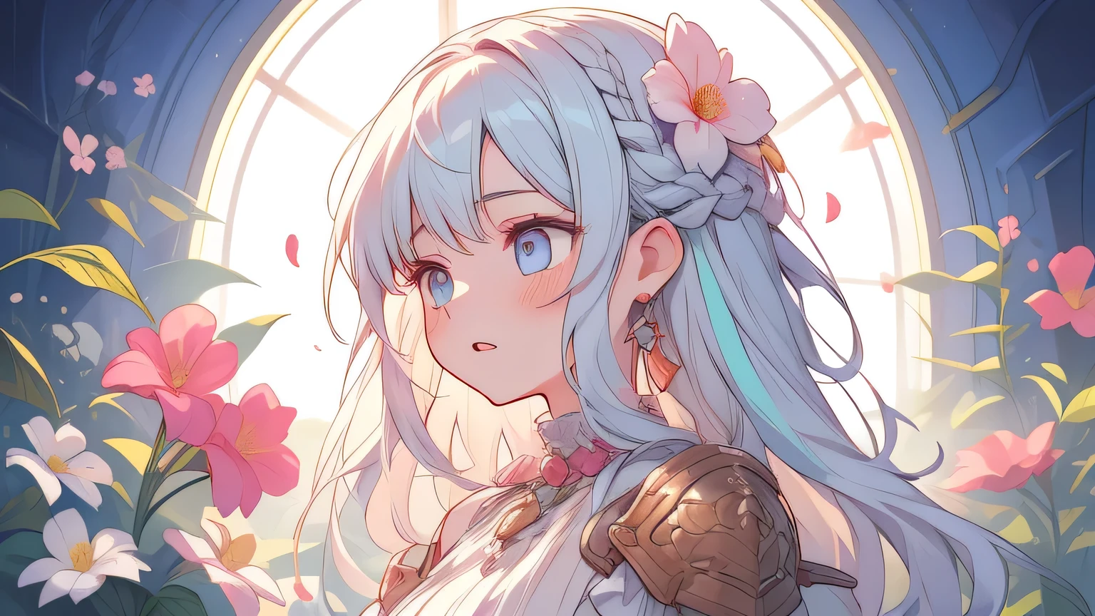 solo, a girl with pastel hair and a complementary colored dress with flowers around her neck and shoulder, with a flowers in her hair, two-tone hair, Charlie Bowater, stanley artgerm lau, a character portrait, fantasy art, (cartoon:1.3), looking away, image size 16:9
