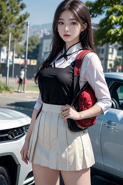 Photorealistic, high resolution, 1 girl (Blonde, Koreans, 18 years old, Brown eyes, wearing a Chinese high school uniform, pretty, cute, cao 1m60, ngực to, short skirt to 1/2 thighs (super detailed), wear backpack), 1 boy (black hair, Chinese people, 18 years old, tall, burly, muscle (super detailed), cao 180cm, Handsome, wear backpack, turn sideways, wearing a Chinese high , Take the bike next to the girl), Scenery on the way to school (green trees, car, other students)