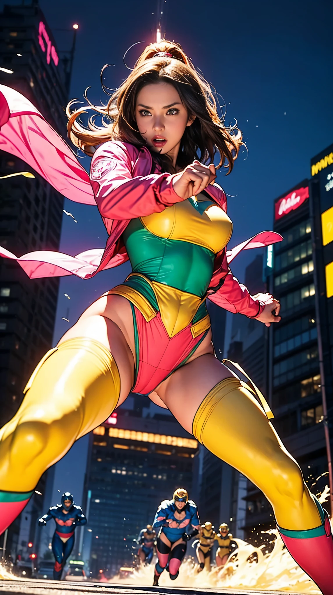 Solo, A brave and courageous image of a 6 member ranger team, Each one is decorated in vibrant colors such as:: ((Pink)), red is front of center, violet, Green, yellow, blue black, white,. Dynamic poses in a background that exudes energy and courage, neon, fire, plasma, Fluorescent, shocking, pink big bomber, splashing pink, running, fighting pose, action pose, Embodying the essence of the classic Sentai superhero team. Each Ranger:: The attire is sophisticated and modern, Each color has elements that reflect its theme., Ready for action. ((Camel Toe)), weapons, in sunset background , in cinematic lighting, cover art mixed cinema poster style,