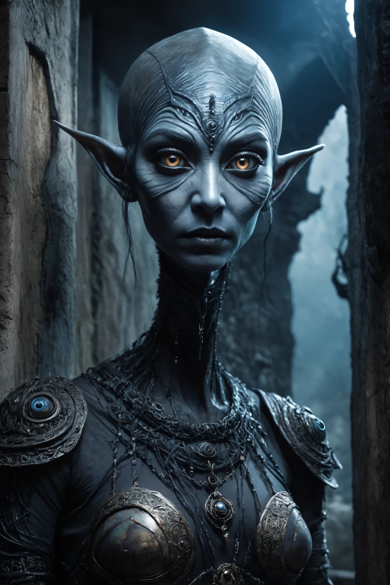fullb body length shot,beggar niobium graphite AI mummy of Alien Entity,native africa sparas, wants eat,medieval azctec city,Cinematic,soft colors, Technicolor,natural skin textures, hyper realism, hyper detailed,Extremely detailed,High contrast,Masterpiece,Realistic,Ultra Detailed, intricate details,realistic humid leather,extremly intricate,Epic Realistic, cinematic style, irina yermolova,high contrast,hdr,extremely detailed, [deep night landscape],masterpiece, intricate details, eyes extremely detailed, high detailed eyes,8k resolution,retina, Nikon Z9,Korea,orc,Li River in Guangxi Zhuang of Italia, Pisces, pointed ears，perfect, Elf，transition between two art styles, Double contact, X-ray, Creative, vivid light, fantasy, Abstract, Surrealism, super detailed, high resolution, trap against fairies between houses in air,insanity wear,Her skin is pale, almost translucent. His eyes shine with a bluish glow, he wears dark,, symbols of mourning and gothic elements, further emphasizing its dark air. is portrayed as a haunted and tormented entity

