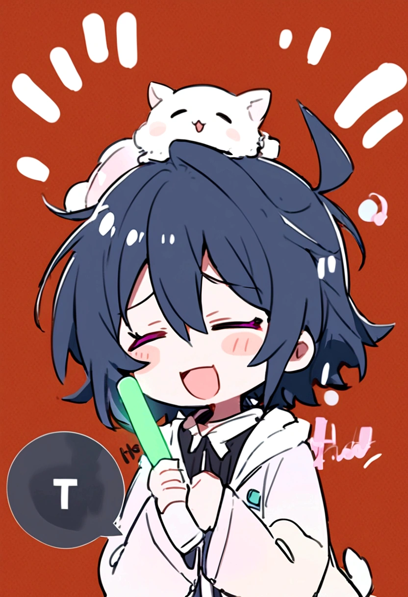 A boy with black messy hair holding two glow stick,cheering