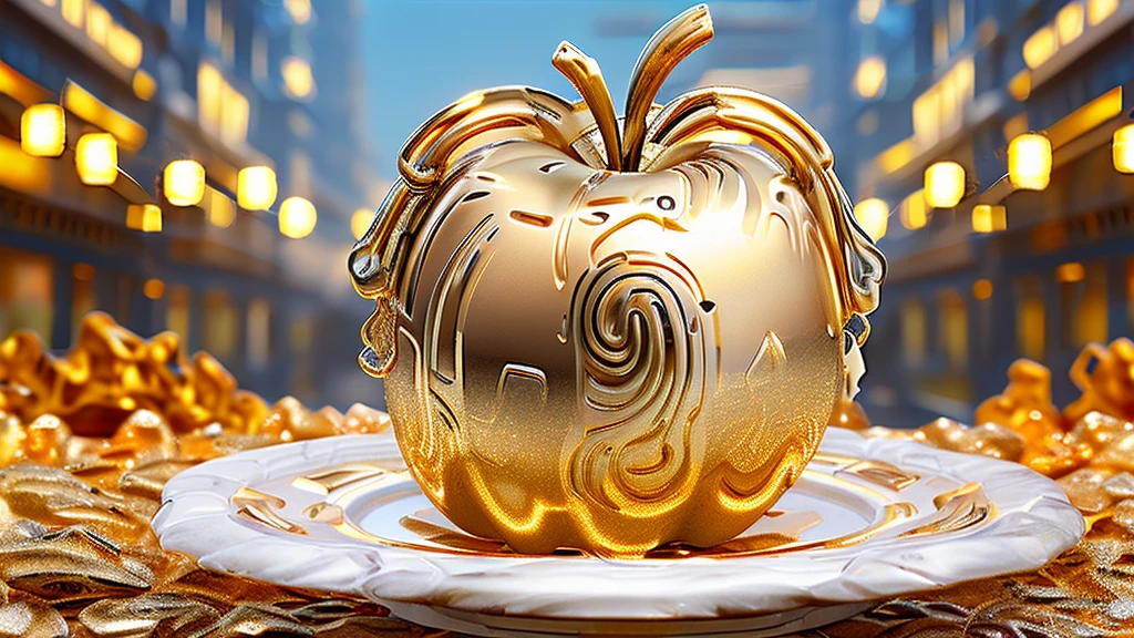 Gold plated apple. Fundo dourado. Riqueza