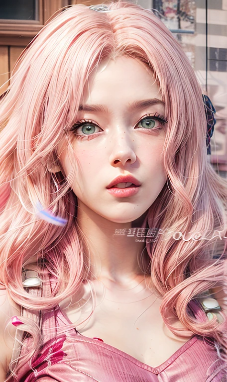 young woman, short shoulder-length pink hair, wide forehead, porcelain skin, pink eyebrows, big emerald green eyes, buttoned nose, full lips, heart-shaped face, slender body, small breasts, red tank top, Sakura Haruno , realistic, realism, details, 3d, well detailed