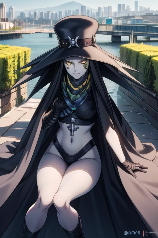 Scathach, solo, female, shin megami tensei, hat, flower tattoo, (cape 2.0) gloves, white skin, (yellow eyes 1.1), flowing, sitting, shirt, smile, sidewalk, city