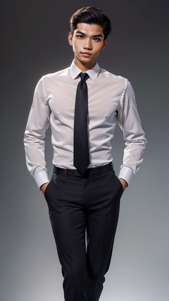 A captivating portrait of a thin Indonesian man wearing a white shirt, red tie, black pants, and black dress shoes. This classic combination creates an elegant and professional impression, while radiating assertiveness in a simple yet charming style. The contrasting colors enhance the strong visual appeal.