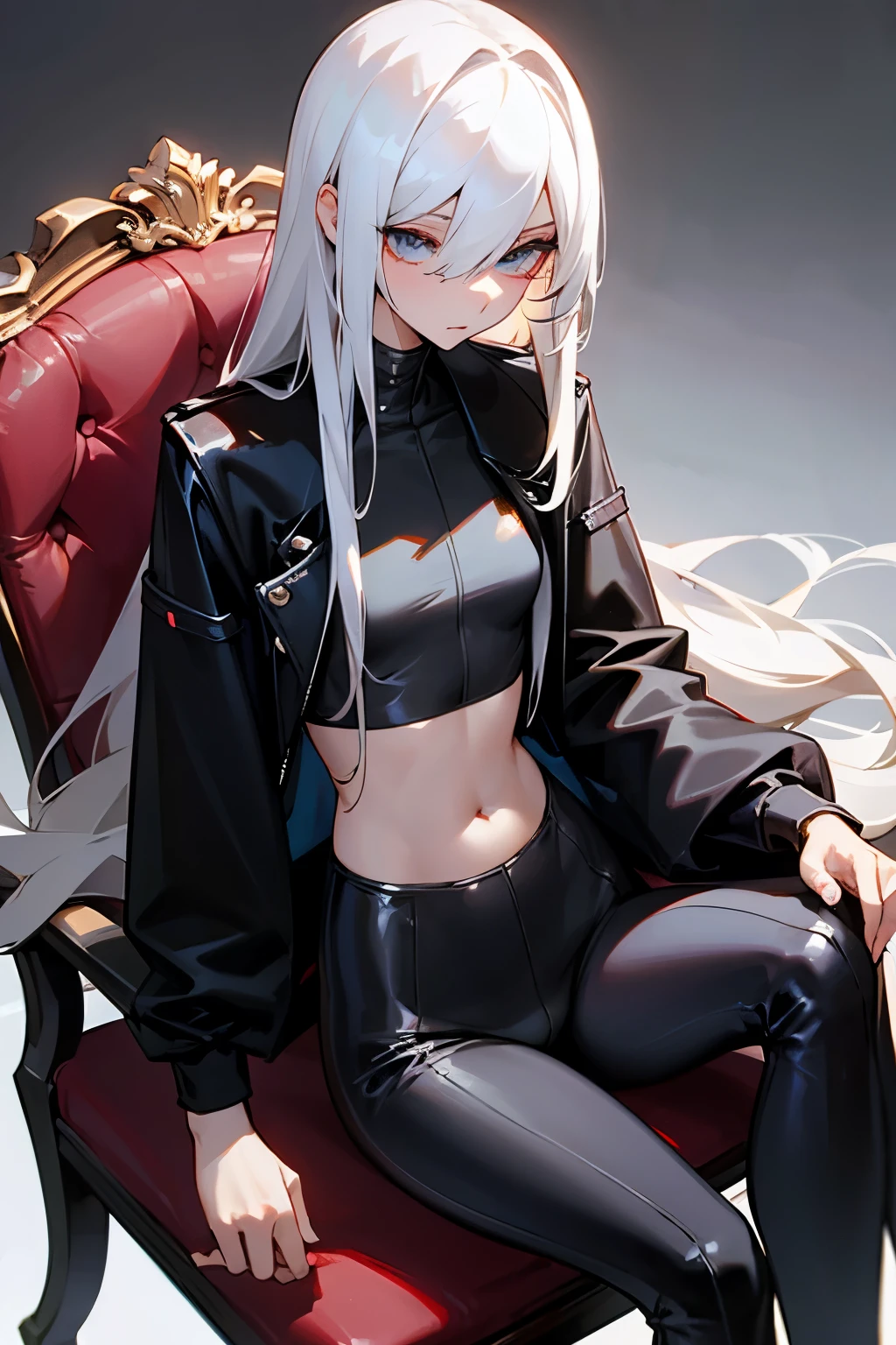 Slender, Femboy, white long hair, crop top, black jacket, masterpiece, very beautiful, sitting on a chair, skinsuit