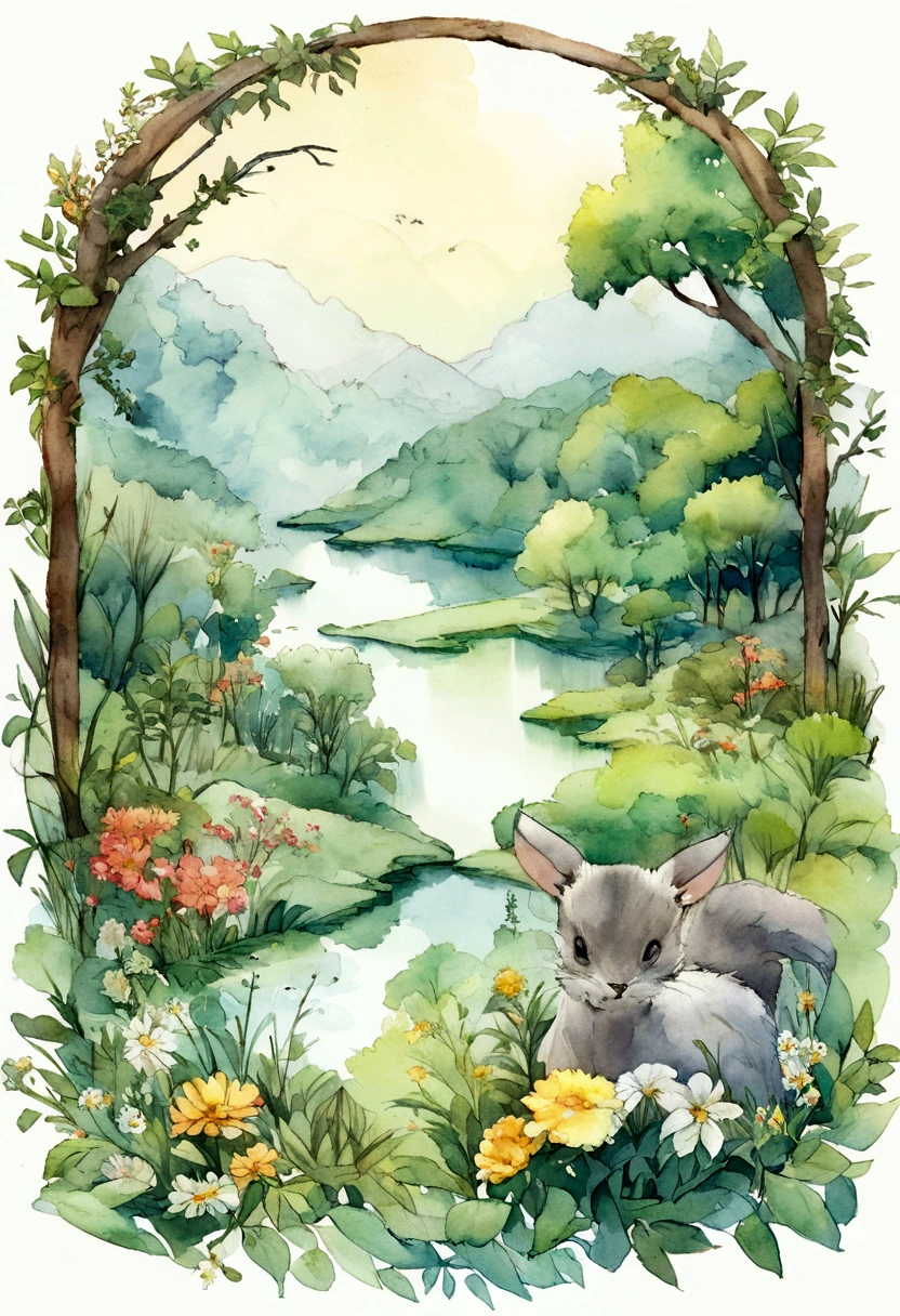 Transform this photograph into a watercolor-style drawing with clear lines. The image should capture the essence of the Cerrado biome, highlighting the local vegetation, landscapes, flowers, plants, and animals. Keep the details sharp, but apply a soft, watercolor texture. The illustration should have an artistic touch that highlights the natural beauty of the Serra do Espinhaço and the Serra do Cipó