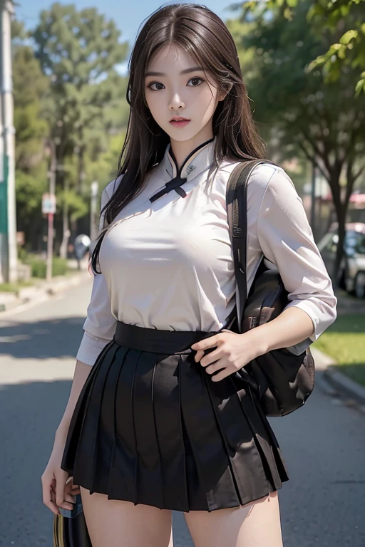 Photorealistic, High resolution, 1 Girl và 1 chàng trai ((Girl: Blonde, Koreans, 18 years old, Brown eyes, wearing a Chinese high school uniform, pretty, cute, cao 1m60, ngực to, short skirt to 1/2 thighs ((super detailed)), wear backpack)); ((boys: black hair, Chinese people, 18 years old, tall, burly, muscle ((super detailed)), cao 180cm, Handsome, wear backpack, turn sideways, wearing a Chinese high , dắt xe đạp đi cạnh Girl)); Scenery on the way to school ((green trees, car, other students))