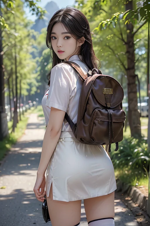 Photorealistic, High resolution, 1 Girl và 1 chàng trai ((Girl: Blonde, Koreans, 18 years old, Brown eyes, wearing a Chinese high school uniform, pretty, cute, cao 1m60, ngực to, short skirt to 1/2 thighs ((super detailed)), wear backpack)); ((boys: black hair, Chinese people, 18 years old, tall, burly, muscle ((super detailed)), cao 180cm, Handsome, wear backpack, turn sideways, wearing a Chinese high , dắt xe đạp đi cạnh Girl)); Scenery on the way to school ((green trees, car, other students))