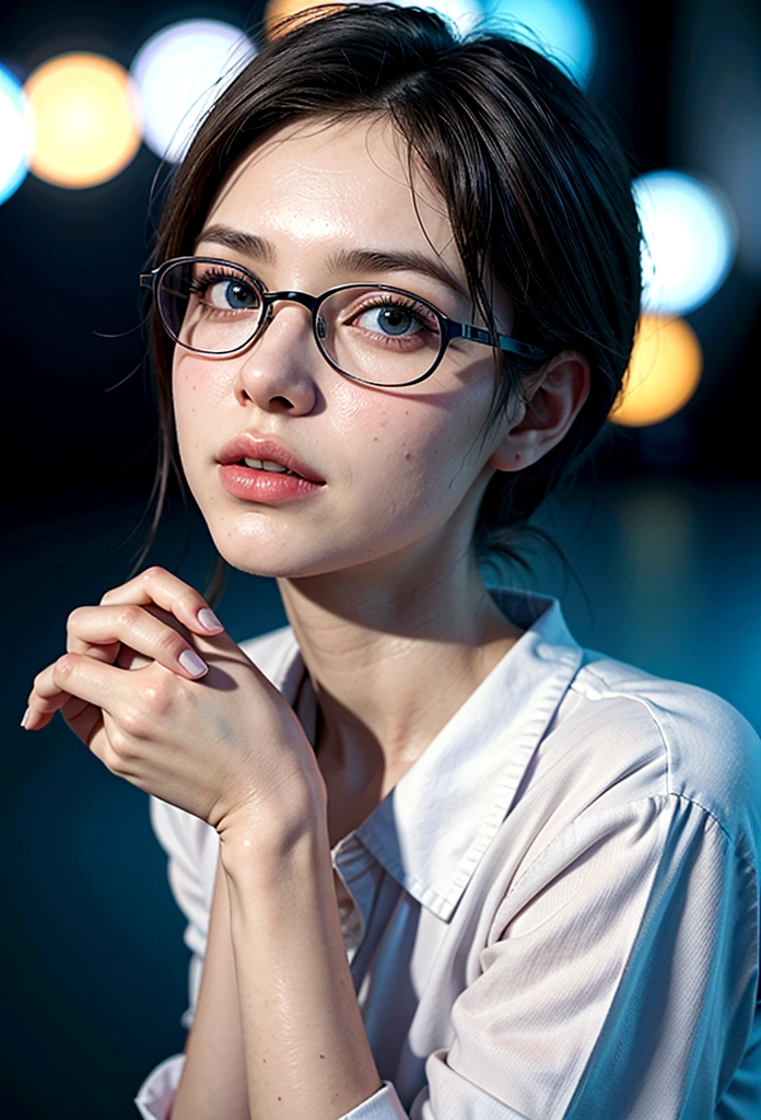 Cartoon character of a woman in black glasses and blue shirt, , animation character, Caractere estilizado, animation style rendering, 3D estilizado, Arnold Maya rendering, Stylized 3D rendering, toon render screenshot, Personagem 3D, Personagem 3D, Stylized 3D rendering, 3D character rendering, personagem de desenho animado, Personagem de close up, Pose de personagem, (Estilo Pixar) (parte mestre:1.2) (Bokeh) (melhor qualidade) (pele detalhada) (textura detalhada) (8K) (argila) (cinematic lighting) (sharp focus