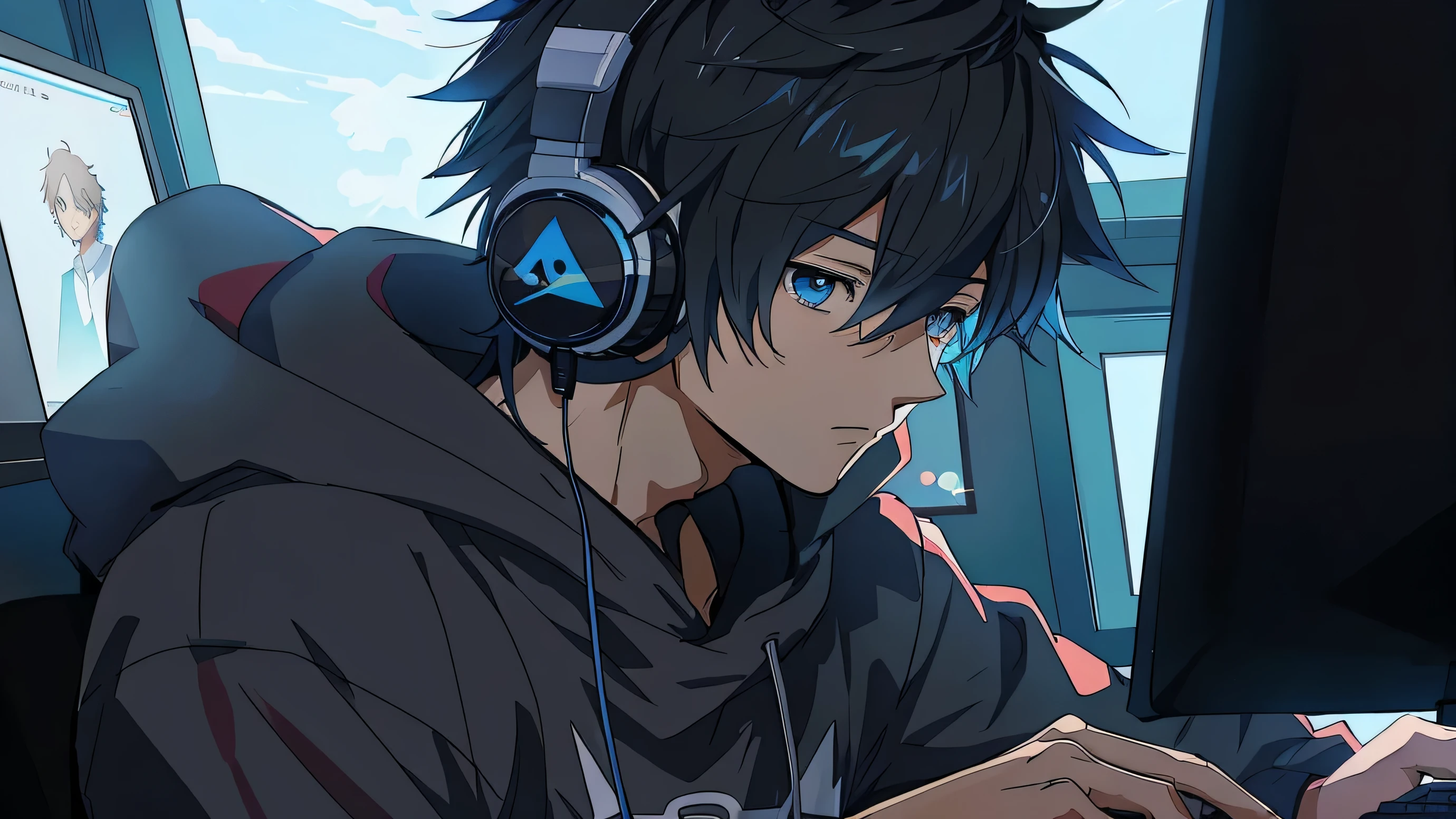 Anime boy wearing headphones playing video game on laptop, High Quality Anime Art Style, young anime man, Anime boy, Male anime style, anime moe art style, style of anime4 K, with headphone, modern anime style, Anime handsome man, Digital anime illustration, anime art style, male anime character, Detailed digital anime art, Tall anime guy with sky blue eyes, anime guy with scruffy black & sky blue hair