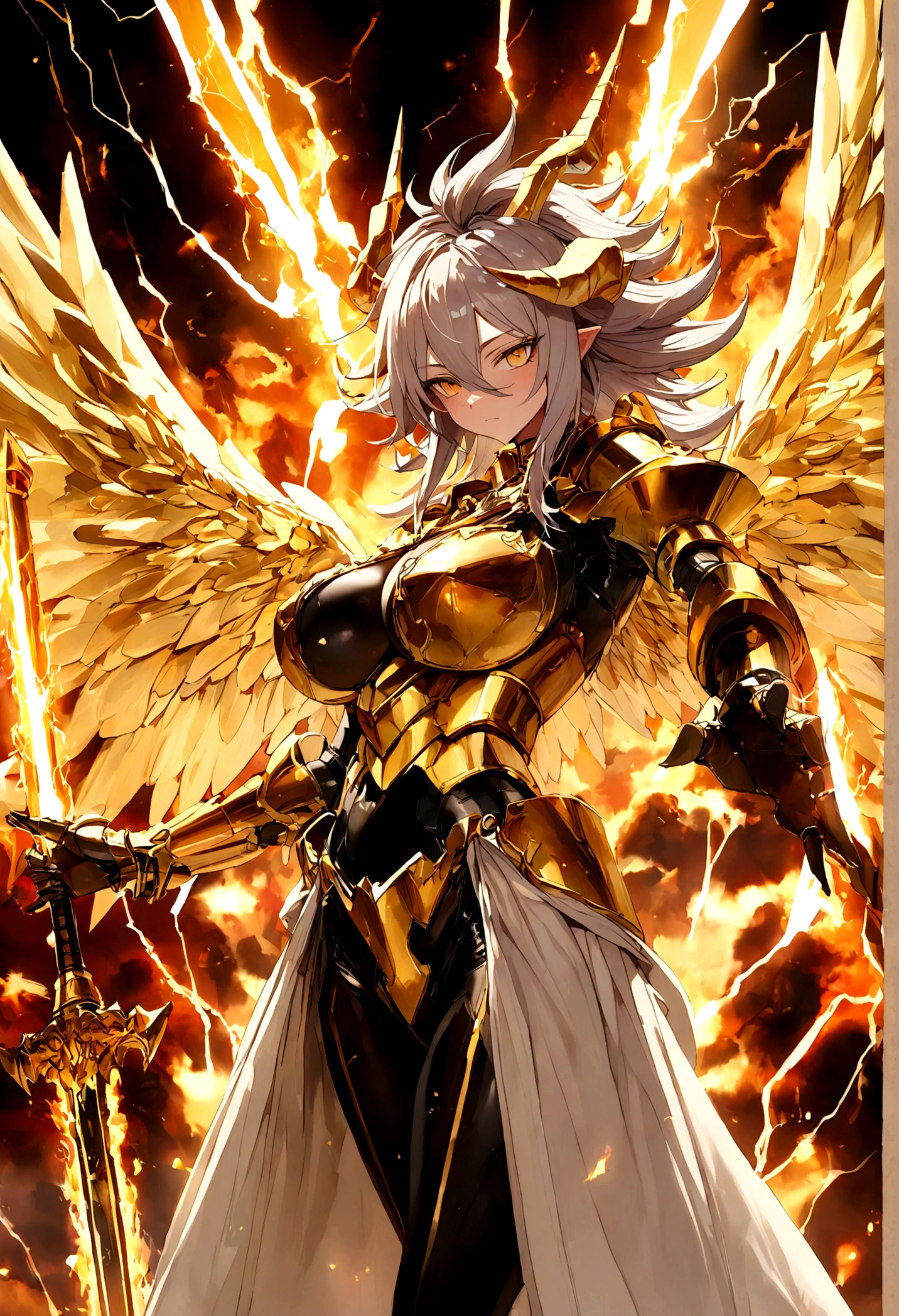 ((Lightning Power)), ((Electricity)), ((Fire Background)), ((Lightning Storm)), ((Power Erupting)),((((android 21 Evil)))), (((white Coat))), (((Busty))), (((((Big breast:1,3)))), luxury bustier corset, (((silver hair))), (((Very slim waist))), propotional body, ((Gorgeous)), (((gold wings))), masterpiece, hyperdetail, ambient effect, digital effect, (((FIRE SWORD)), (((Lightning Sword))), (((Fire Gold Armor))), (((Lightning Gold Wings))), (((Fire Blazing Horns)))