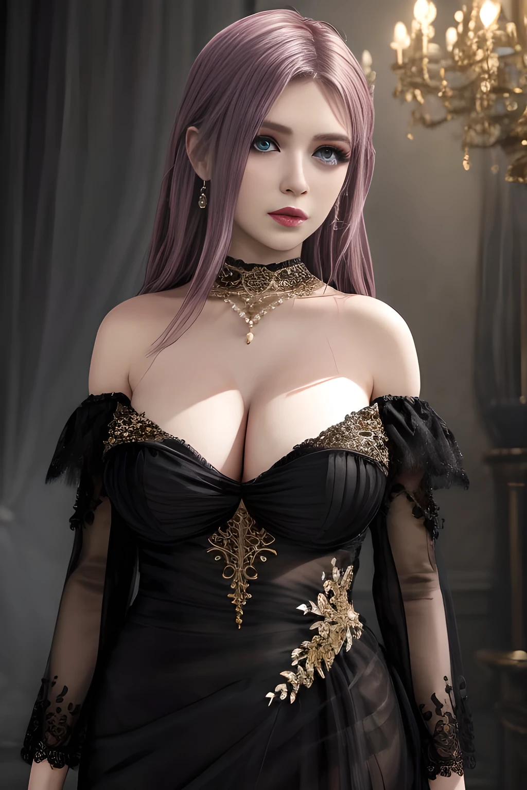 1girl, long sleeves, black dress, off shoulder, bare shoulders, long dress, (see-through), tulle dress,beautiful detailed eyes, beautiful detailed lips, extremely detailed eyes and face, long eyelashes, best quality, 4k, 8k, highres, masterpiece, ultra-detailed, realistic, photorealistic, photo-realistic, ethereal glow, regal elegance, intricate details, luxurious, otherworldly beauty, dark atmospheric background, supernatural aura, elise,