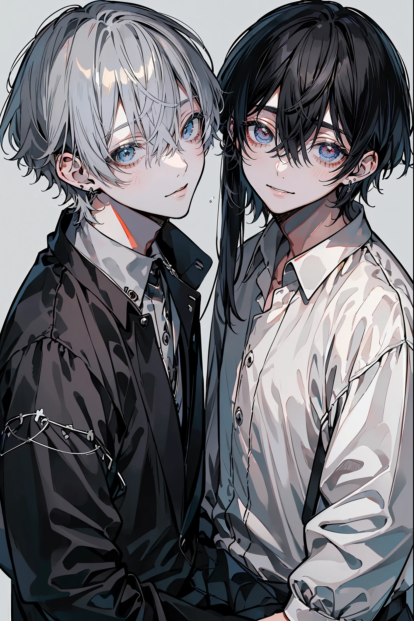 (Mastepiece)、(Best Quality)、Very detailed、((Two friendly men:1.5))、Perfect Face、Beautiful Face、Very detailedな顔、4K、8K、(Black-haired man:1.3)、(Grey-haired man:1.3)、shirt、(smile:1.2)