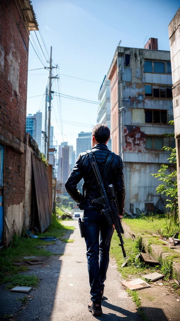 Back view of a cool spy with a gun、Abandoned Building
