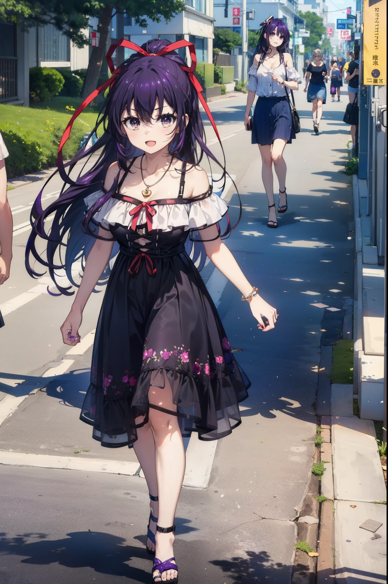 Toka Yatogami, Yatogami Tohka Casual, Long Hair, Purple Hair, dress, ribbon, (Purple eyes:1.1)
happy smile, smile, Open your mouth,, hair ribbon, ponytail, Purple Hair, Off-the-shoulder dress,Bare shoulders,bare clavicle,Bare neck,Locket Necklace,Long skirt,Cute Sandals,walking,whole bodyがイラストに入るように,walking,
break outdoors,Coastal Road,people々, crowd,
break looking at viewer, whole body,
break (masterpiece:1.2), highest quality, High resolution, unity 8k wallpaper, (figure:0.8), (Beautiful fine details:1.6), Highly detailed face, Perfect lighting, Highly detailed CG, (Perfect hands, Perfect Anatomy),