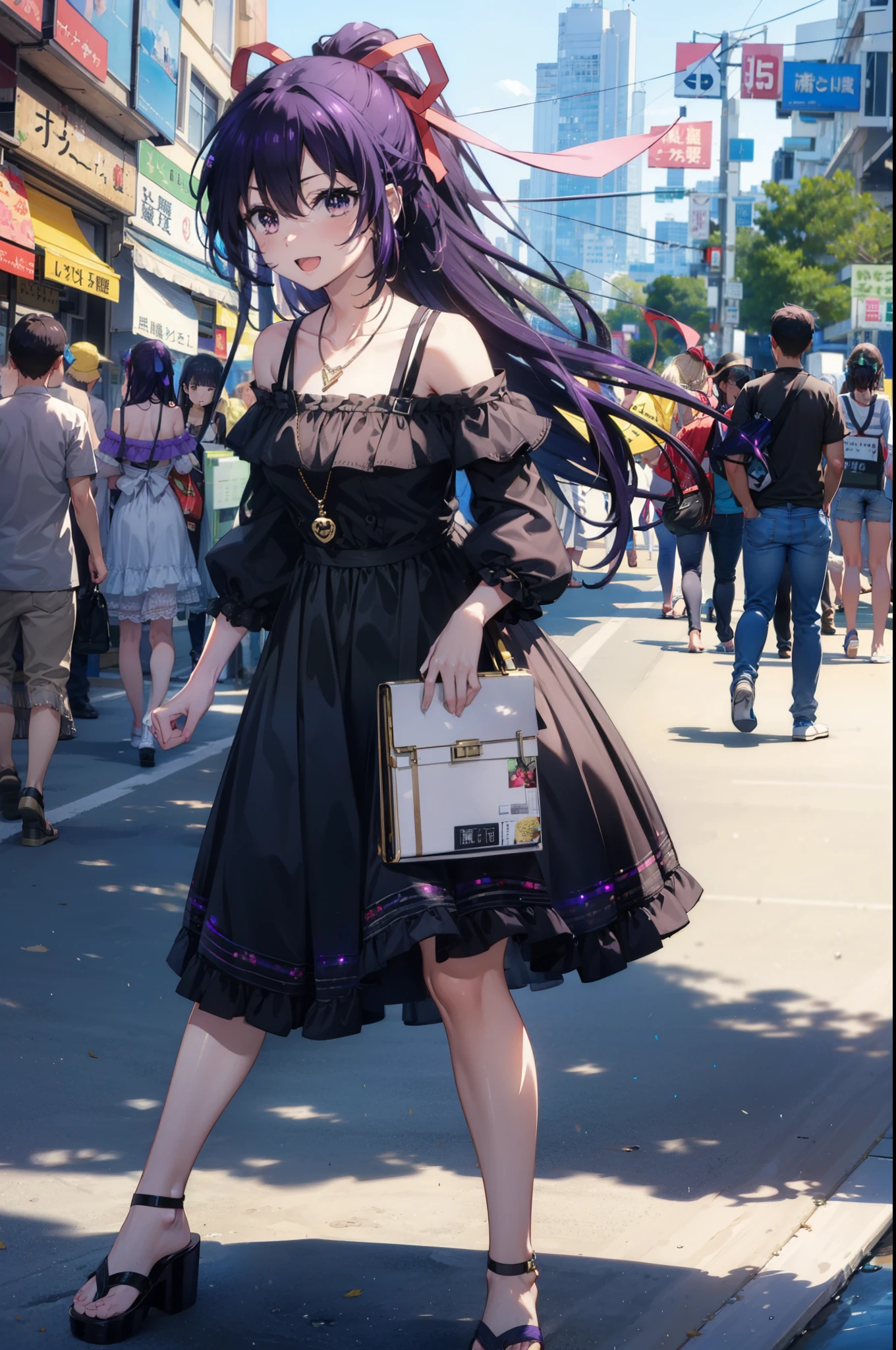 Toka Yatogami, Yatogami Tohka Casual, Long Hair, Purple Hair, dress, ribbon, (Purple eyes:1.1)
happy smile, smile, Open your mouth,, hair ribbon, ponytail, Purple Hair, Off-the-shoulder dress,Bare shoulders,bare clavicle,Bare neck,Locket Necklace,Long skirt,Cute Sandals,walking,whole bodyがイラストに入るように,walking,
break outdoors,Coastal Road,people々, crowd, 
break looking at viewer, whole body,
break (masterpiece:1.2), highest quality, High resolution, unity 8k wallpaper, (figure:0.8), (Beautiful fine details:1.6), Highly detailed face, Perfect lighting, Highly detailed CG, (Perfect hands, Perfect Anatomy),