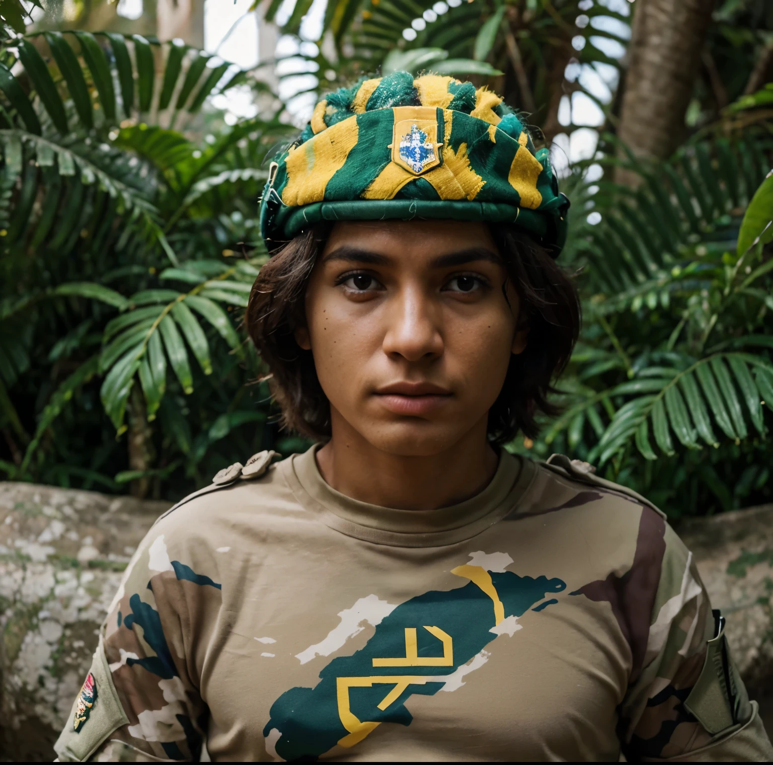 "Defenders of the Nation" should convey a strong sense of patriotism and resilience. The Brazilian soldier, armed and camouflaged, is the central element, representing the strength and courage of the nation's defenders. The jungle around him emphasizes the challenging environment and the bravery required to protect it. The colors green, yellow and blue reinforce the national identity, while the shield in the background symbolizes protection. The Brazilian flag, whether in the background or as a patch on the soldier's uniform, adds a proud, patriotic touch.