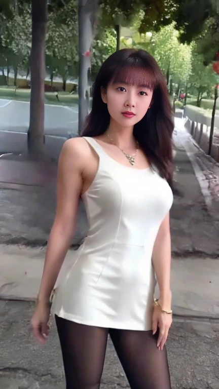 (8K, best quality, masterpiece, Golden Ratio Composition,:1.3), (Beautiful woman in her 40s), (穿着Black pantyhose,), (Nurse dressed in white:1.2), (Huge breasts), (Long legs), Soft face line，Gentle and beautiful，Silver short hair, Black pantyhose