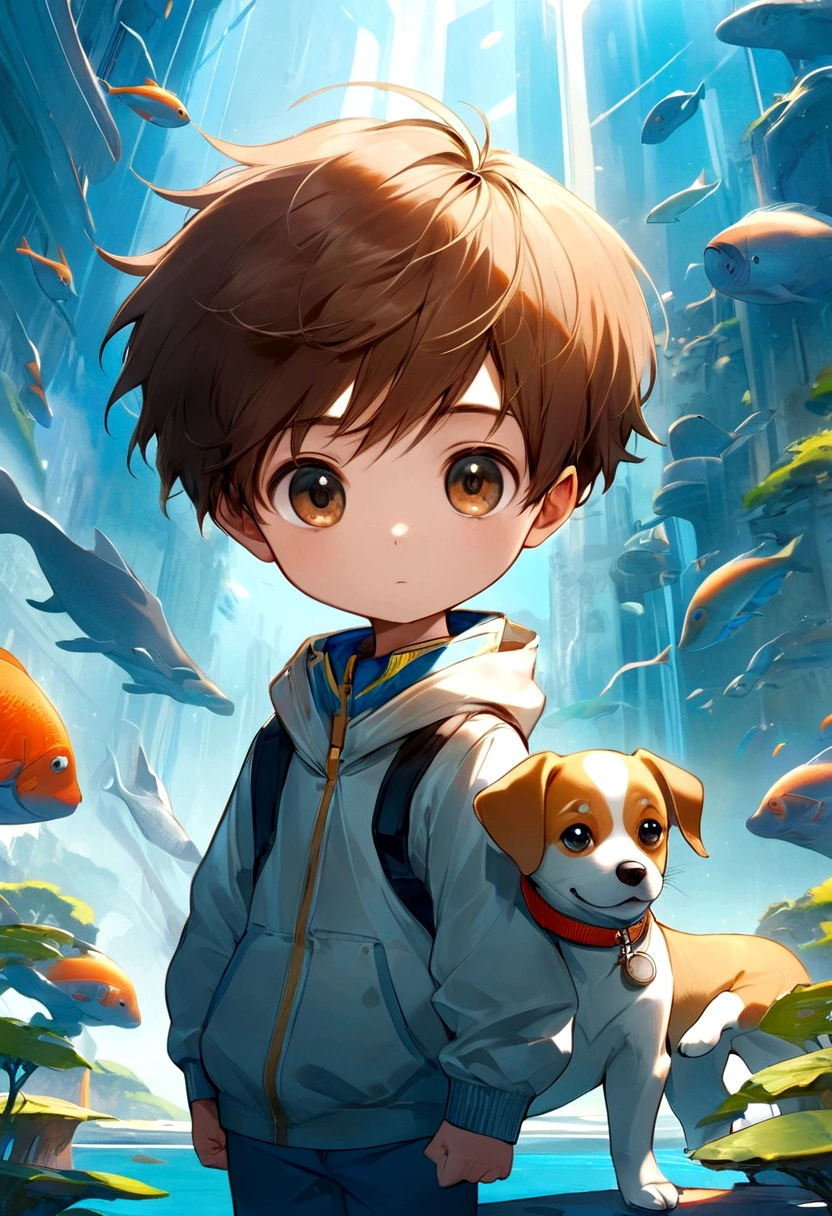 boy with dog, Cartoon Illustration, childrens book illustration, pet animal, concept art of single boy, Cartoon art, Futurism, anime style, 4K, UHD, high quality, highres, best quality, award winning, UHD, masterpiece