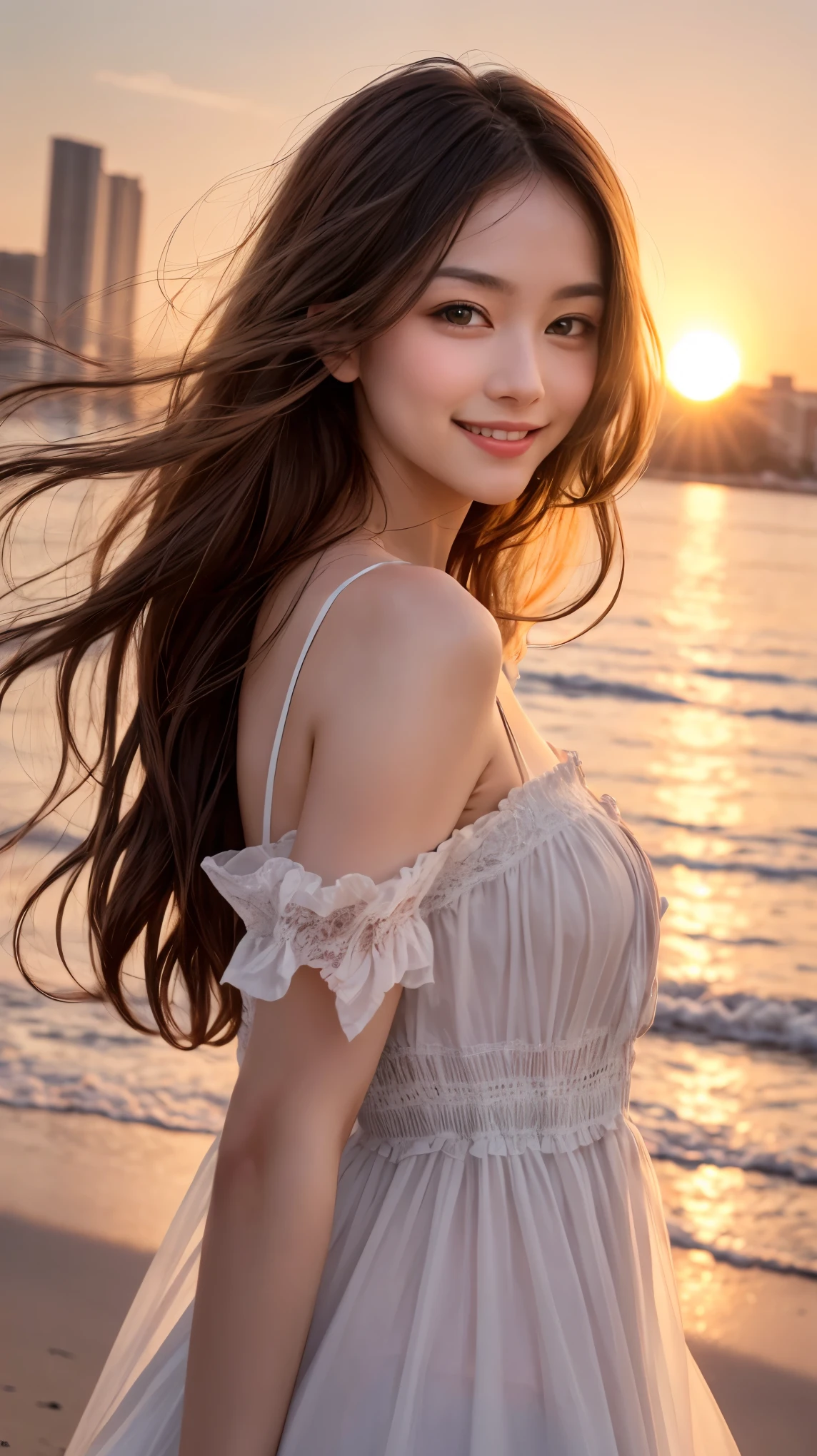 Sunset lighting,  (best quality), (model), Backlight, There is light on the face, (quality improvement), Delicate eyes, Delicate face, good quality eyes，A gentle breeze ruffles the hair，Smile
