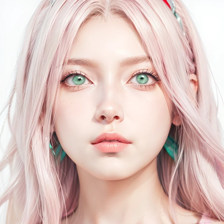 young woman, short shoulder-length pink hair, wide forehead, porcelain skin, pink eyebrows, big emerald green eyes, buttoned nose, full lips, heart-shaped face, slender body, small breasts, red tank top, Sakura Haruno , realistic, realism, details, 3d, well detailed