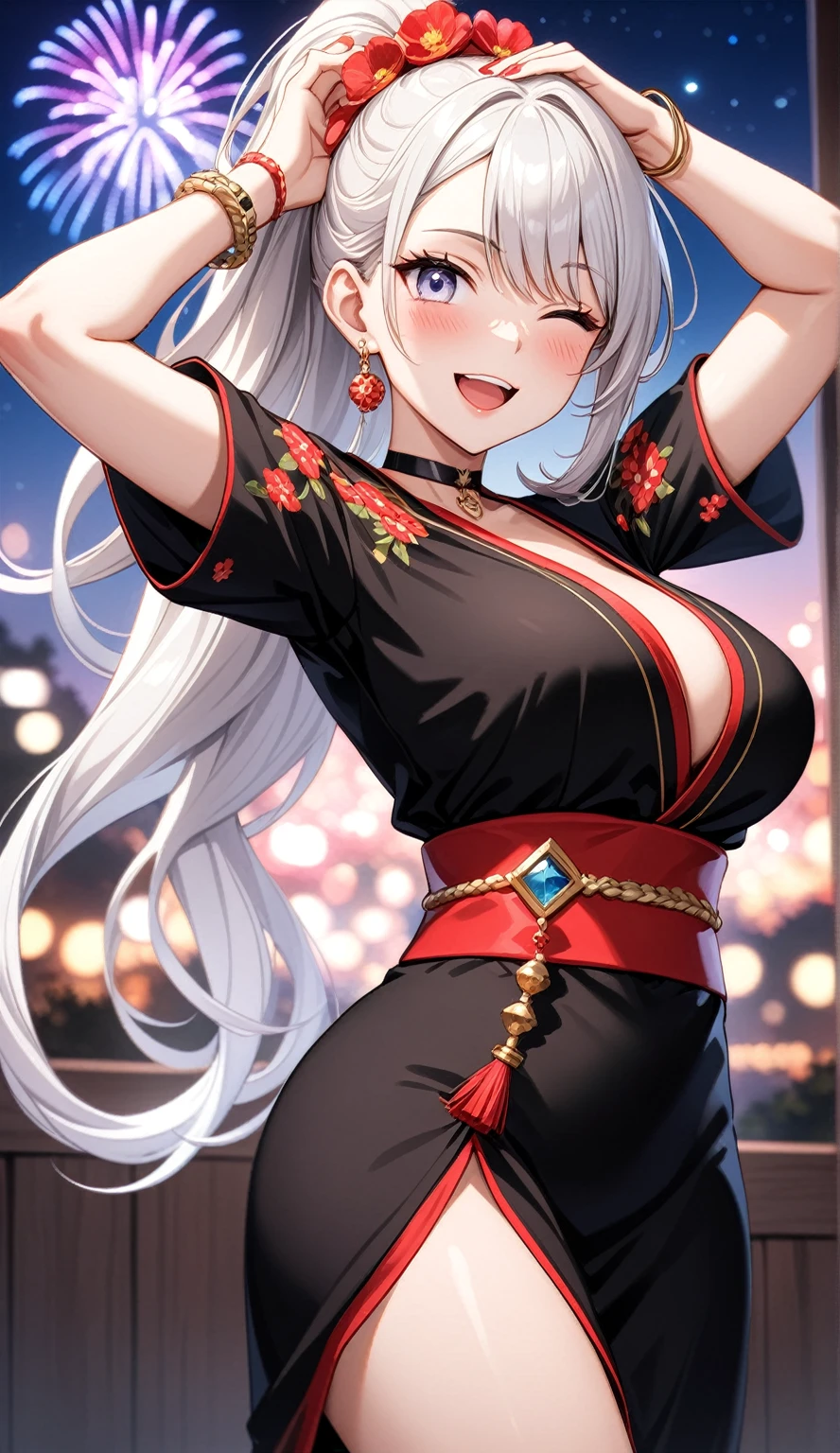 ((one personの女性)), Beautiful Face,((Wink:1.9)),(a woman making a cute hand sign. She is placing both hands on her head, with a playful smile),(Bright red cheeks:1.4),Laughing embarrassedly,Laughing with your mouth open,Glossy pink lips,Lighting on the face,night,night景と海が美しい公園,Colorful fireworks,((Anime style background)),masterpiece, highest quality, so beautiful, Latest, Complex details, (Pink long nails),(ring),(bracelet),(choker),AI-generated, Complex,High resolution, highest quality, super high quality,3D Images、View your viewers、3D Images,one person,Long white hair,High Ponytail,(blue eyes),Anime woman posing for a photo, ((Fine grain、Silvery white colorful eyes、Shining Eyes:1.3)),(Squint your eyes:1.1),a hyperRealistic , hyperRealistic , Realistic,Anime woman with long and white hair, Smooth anime CG art, A woman in a colorful kimono with gold embroidery, (Black kimono),Red floral pattern,Long flower hair ornament,Big earrings,Mature Body,(Big Breasts:1.1),Tall,Fine details,Abdominal muscles,Narrow waist,(Zoom in on face)