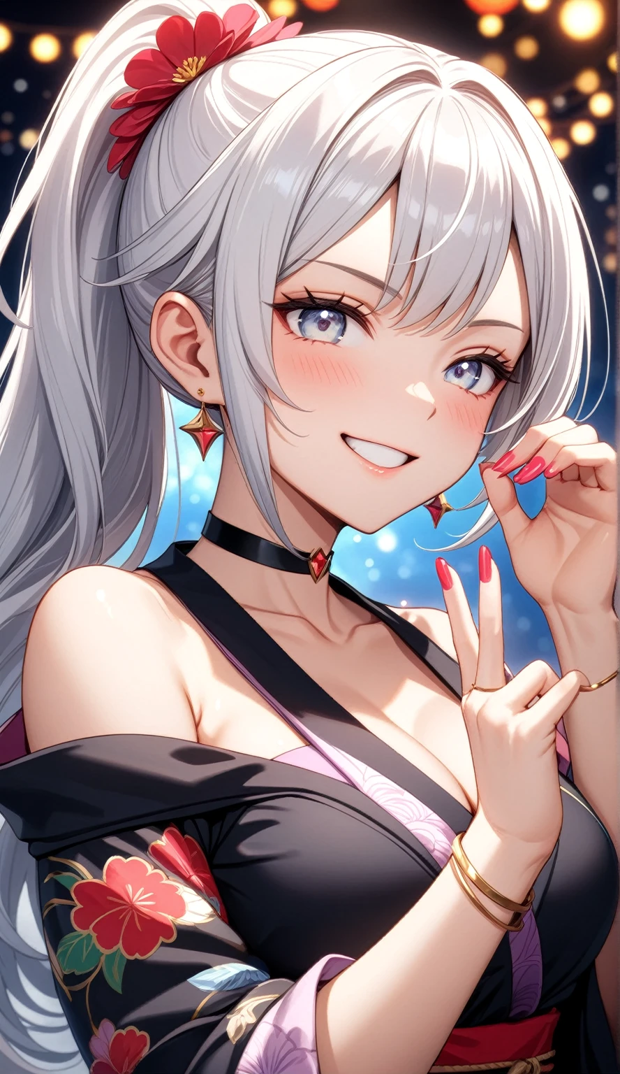 ((one personの女性)), Beautiful Face,((Wink:1.9)),(a woman making a cute hand sign. She is placing both hands on her head, with a playful smile),(Bright red cheeks:1.4),Laughing embarrassedly,Laughing with your mouth open,Glossy pink lips,Lighting on the face,night,night景と海が美しい公園,Colorful fireworks,((Anime style background)),masterpiece, highest quality, so beautiful, Latest, Complex details, (Pink long nails),(ring),(bracelet),(choker),AI-generated, Complex,High resolution, highest quality, super high quality,3D Images、View your viewers、3D Images,one person,Long white hair,High Ponytail,(blue eyes),Anime woman posing for a photo, ((Fine grain、Silvery white colorful eyes、Shining Eyes:1.3)),(Squint your eyes:1.1),a hyperRealistic , hyperRealistic , Realistic,Anime woman with long and white hair, Smooth anime CG art, A woman in a colorful kimono with gold embroidery, (Black kimono),Red floral pattern,Long flower hair ornament,Big earrings,Mature Body,(Big Breasts:1.1),Tall,Fine details,Abdominal muscles,Narrow waist,(Zoom in on face)