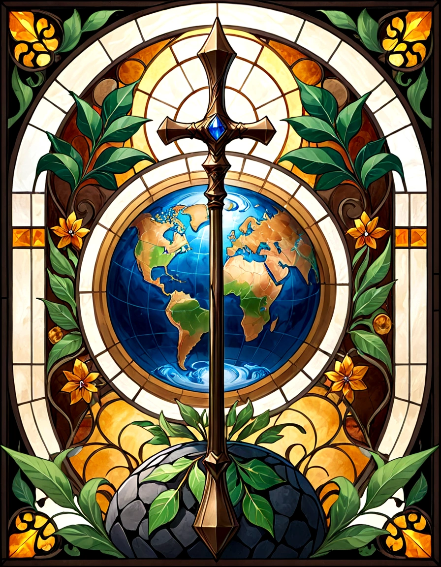 Create a series of images for the element earth inspired by the aesthetics of a detailed stained glass art with defined lines and vivid colors that mimic and remind us of a bygone fantasy era. The element of earth has dark greens, browns, ochers and earth tones. Incorporate leaf and rock elements, with sturdy leaves and branch details. Some symbol or object such as a hammer or staff with an earth motif.