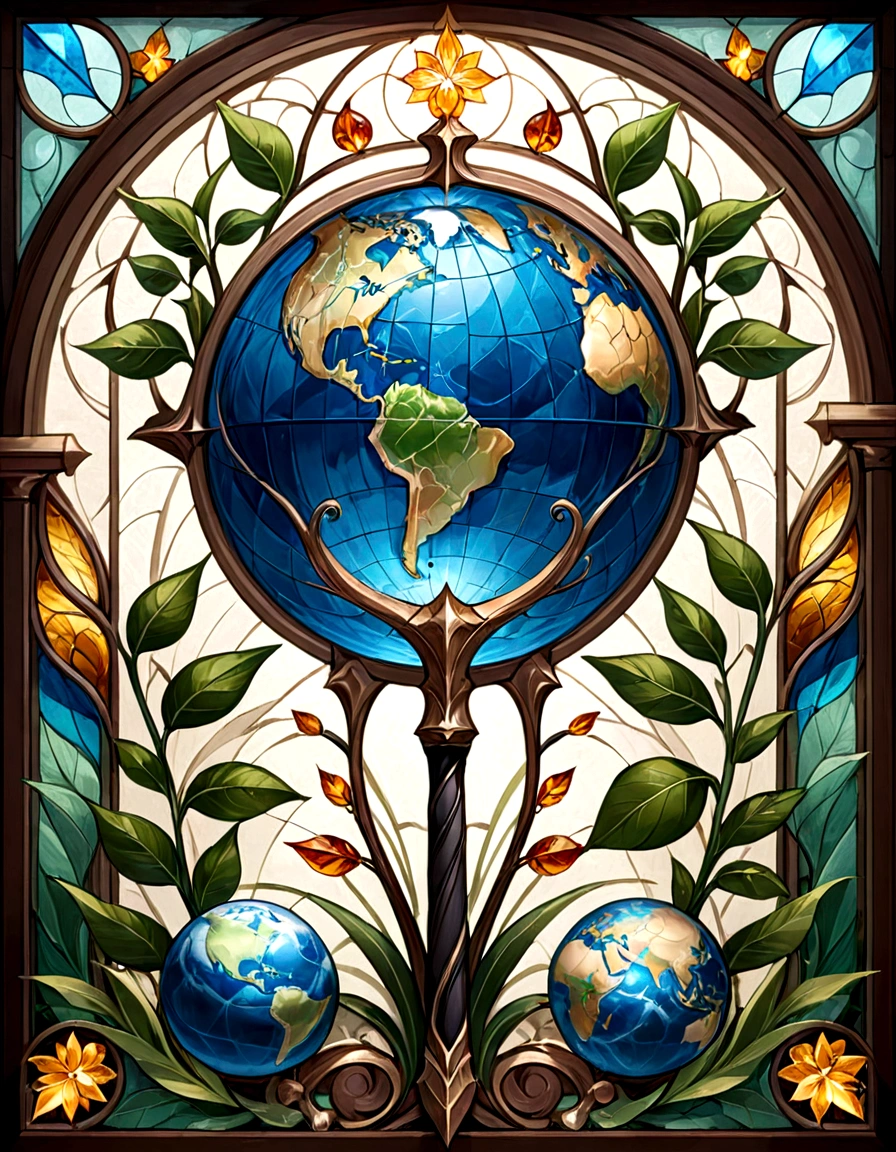 Create a series of images for the element earth inspired by the aesthetics of a detailed stained glass art with defined lines and vivid colors that mimic and remind us of a bygone fantasy era. The element of earth has dark greens, browns, ochers and earth tones. Incorporate leaf and rock elements, with sturdy leaves and branch details. Some symbol or object such as a hammer or staff with an earth motif.