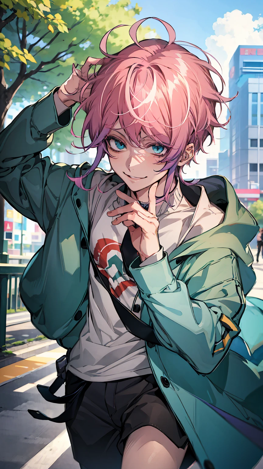 1boy, male photo,pink hair,green foodie,cute smile,anatomically correct,sunny day,in Tokyo city,high quality, best quality, masterpiece, 8K