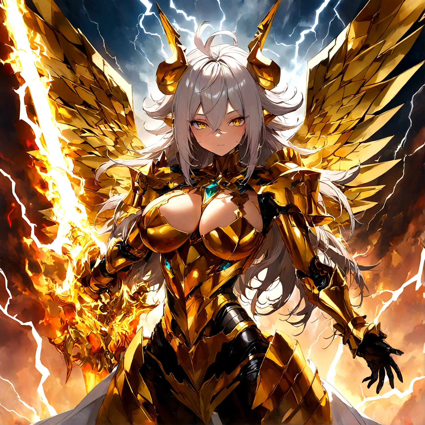 ((Lightning Power)), ((Electricity)), ((Fire Background)), ((Lightning Storm)), ((Power Erupting)),((((android 21 Evil)))), (((white Coat))), (((Busty))), (((((Big breast:1,3)))), luxury bustier corset, (((silver hair))), (((Very slim waist))), propotional body, ((Gorgeous)), (((gold wings))), masterpiece, hyperdetail, ambient effect, digital effect, (((FIRE SWORD)), (((Lightning Sword))), (((Fire Gold Armor))), (((Lightning Gold Wings))), (((Fire Blazing Horns)))