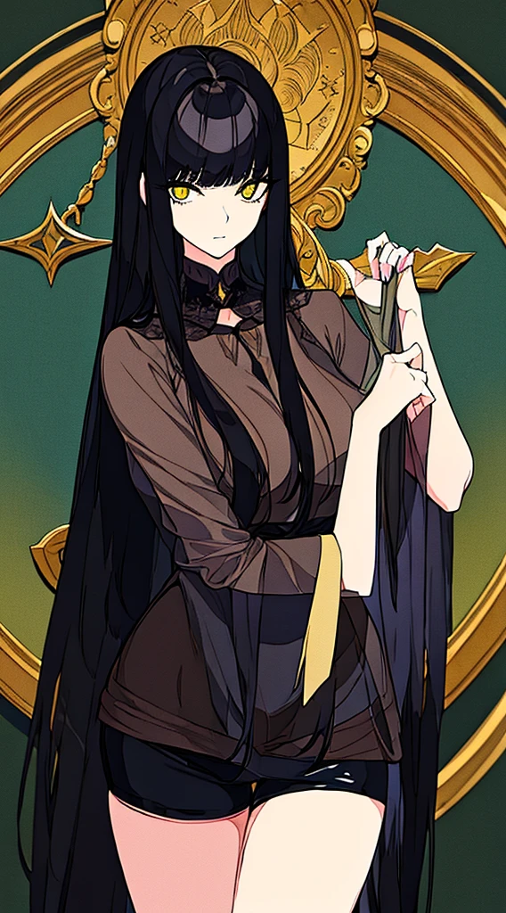((Best Quality)), ((Masterpiece)), (Detailed), Girl with long black hair, with straight bangs, yellow eyes, eyes with eris showing strength, tall and slender, very beautiful and feminine features, with loose black clothing, wearing shorts with long black stockings