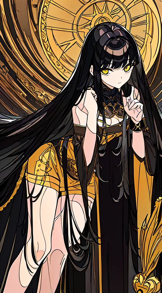 ((Best Quality)), ((Masterpiece)), (Detailed), Girl with long black hair, with straight bangs, yellow eyes, eyes with eris showing strength, tall and slender, very beautiful and feminine features, with loose black clothing, wearing shorts with long black stockings
