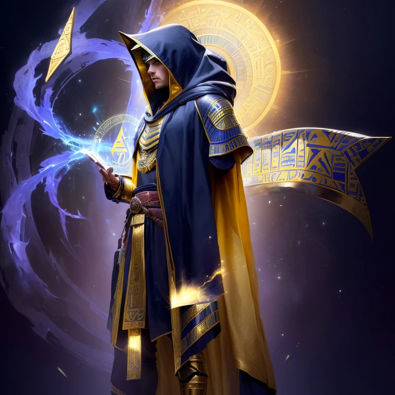 there is a man dressed in a costume standing in front of an ank, the Egyptian god, storm Egyptian god, Joe Biden as Hooded Archmage, wears the ank symbol, Egyptian god, Egyptian warrior, Cultist in the Yellow Robe, egyptian samurai, ank, Seshat, Egyptian god, wind Egyptian god, God Anubis