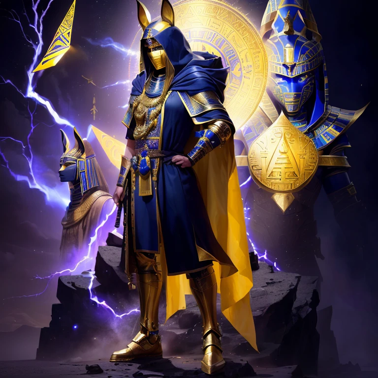 there is a man dressed in a costume standing in front of an ank, the Egyptian god, storm Egyptian god, Joe Biden as Hooded Archmage, wears the ank symbol, Egyptian god, Egyptian warrior, Cultist in the Yellow Robe, egyptian samurai, ank, Seshat, Egyptian god, wind Egyptian god, God Anubis