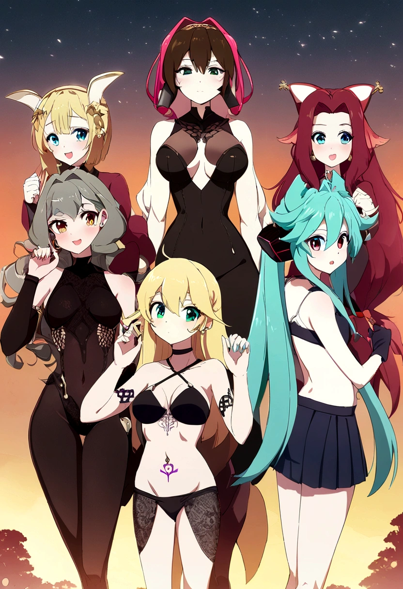  5 girls, harem,Chica anime, anime style, cute hatsune miku x suicune, shy girl , Orejas de Kitsune, arte de dark natasha, autum forest landscape, arte de vixen aztra, cuerpo completo, patas hermosas, cintura delgada, caderas amplias, piernas torneadas, hermosa, foto de cuerpo completo, sensual navel blouse, black skirt, navel piercing, ear piercing, navel tattoo, shy pose, back pose, hands up,  black body, beatifull and detailed hands, kimono, 