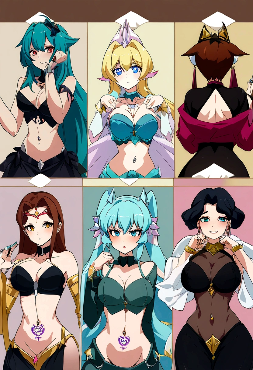 5 girls, harem,Chica anime, anime style, cute hatsune miku x suicune, shy girl , Orejas de Kitsune, arte de dark natasha, autum forest landscape, arte de vixen aztra, cuerpo completo, patas hermosas, cintura delgada, caderas amplias, piernas torneadas, hermosa, foto de cuerpo completo, sensual navel blouse, black skirt, navel piercing, ear piercing, navel tattoo, shy pose, back pose, hands up, black body, beatifull and detailed hands, kimono,